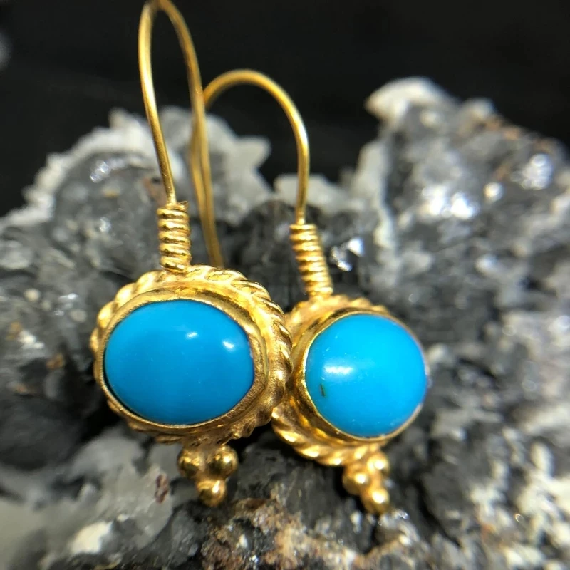 Vintage-Style Blue Stone Oval Earrings in Gold Tone