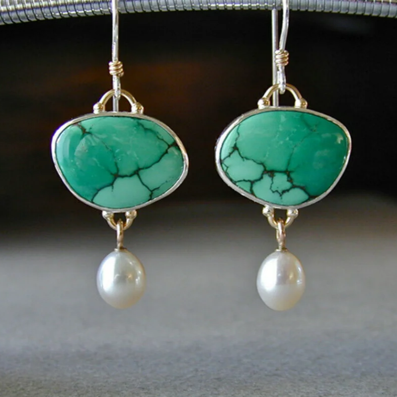 Vintage-Style Turquoise Stone Earrings with Pearl Drop