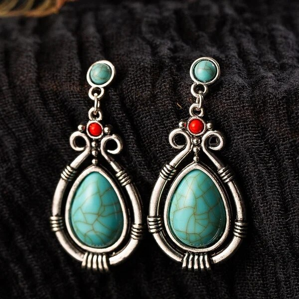 Vintage-Style Turquoise Hollow Drop Earrings