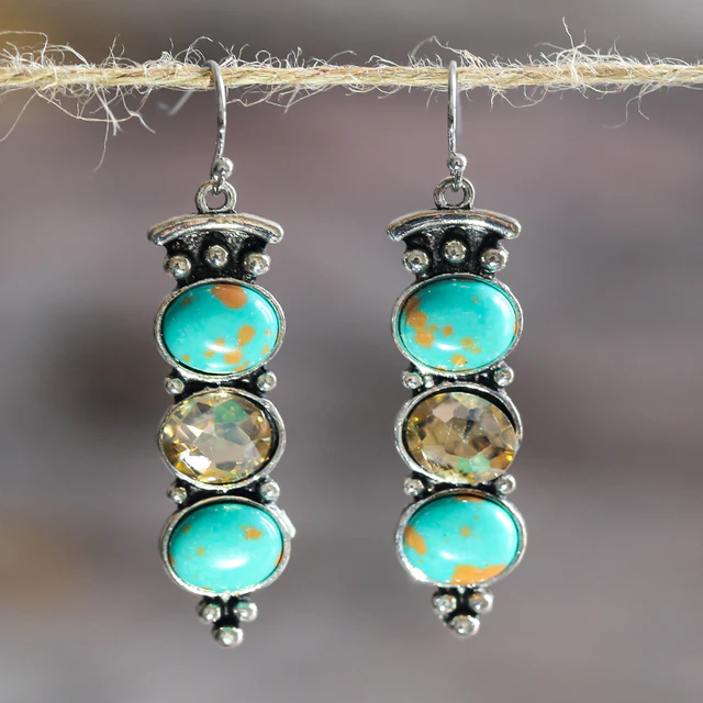 Three-Stone Turquoise-Look Dangle Earrings in Silver Tone