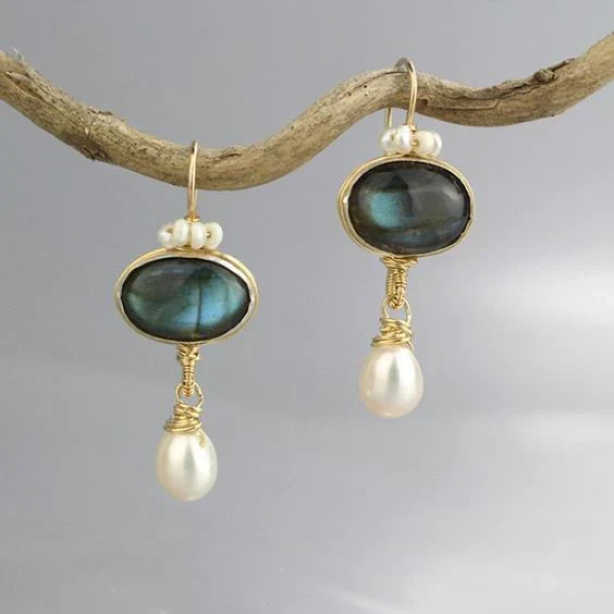 Vintage-Style Blue and Pearl Gold-Tone Earrings