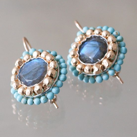 Vintage-Style Blue Stone Beaded Oval Earrings