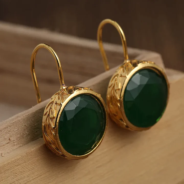 Vintage-Style Green Inlaid Stone Gold-Tone Earrings