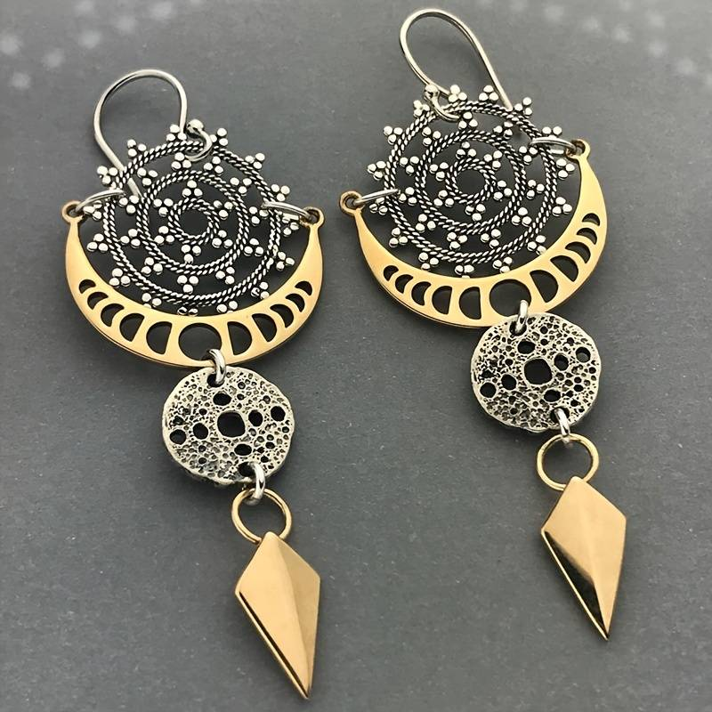 Vintage-Style Gold-Tone Ethnic Crescent Dangle Earrings