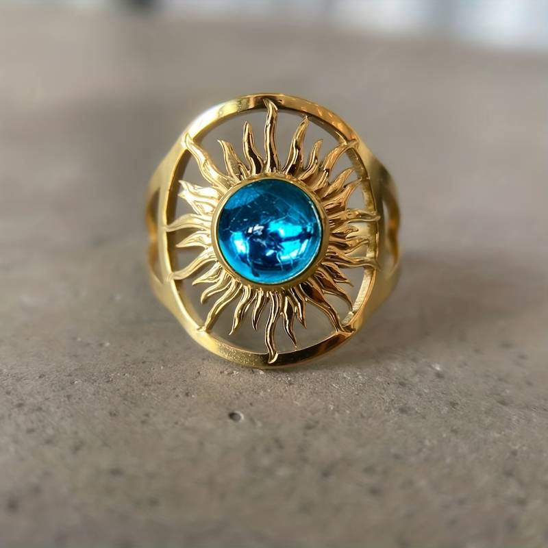 Vintage-Style Gold-Tone Blue Crystal Sun Ring