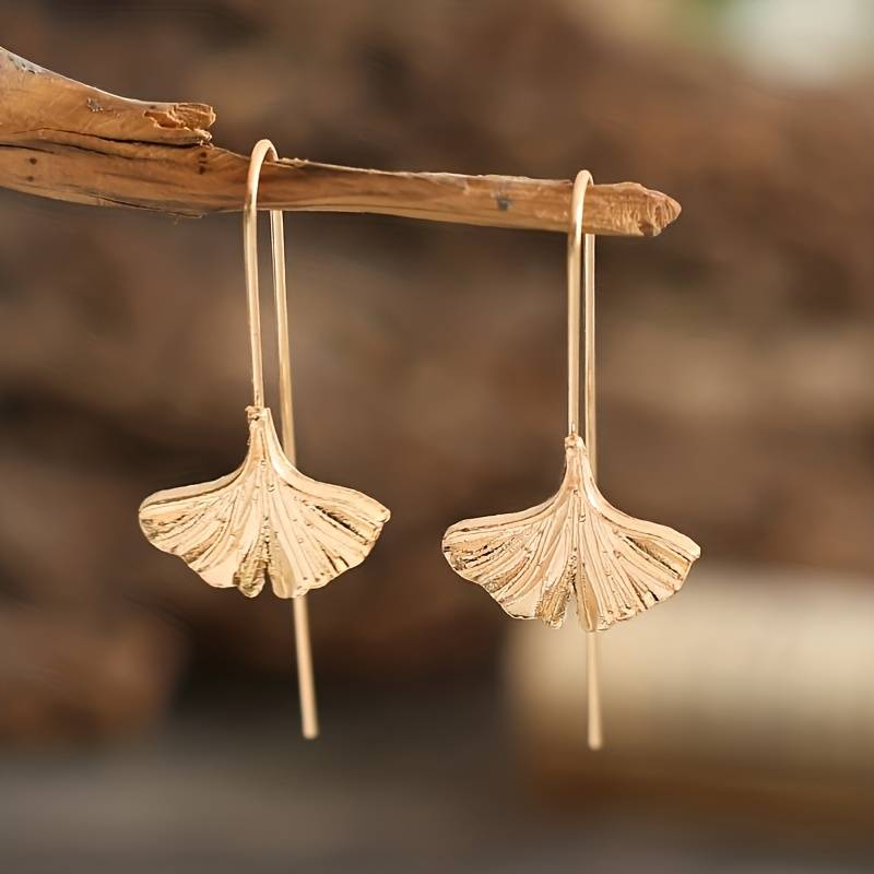 Vintage-Style Gold-Tone Double Ginkgo Drop Earrings