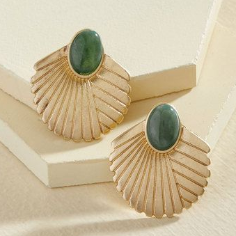Vintage-Style Gold-Tone Fan Earrings with Green Stone
