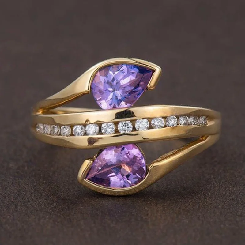 Bypass Ring with Twin Purple Zirconia and Crystal Row