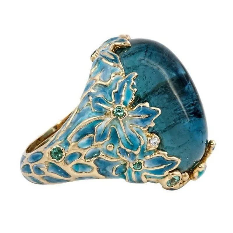 Blue Glass Dome Ring with Gold-Tone Floral Overlay