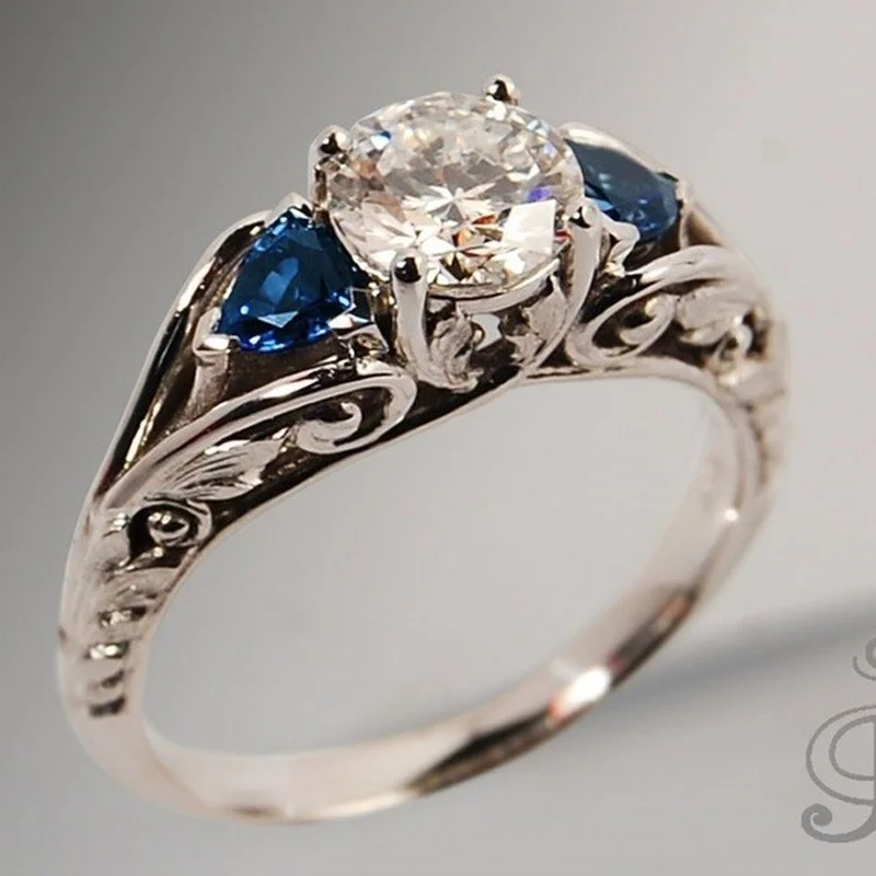Vintage-Style Blue and White Crystal Ring