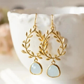 Vintage-Style Gold-Tone Laurel Earrings with White Opal-Look Drop