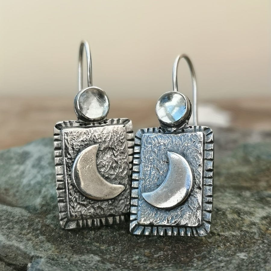 Brincos Retangulares Lua com Zircónias Estilo Vintage