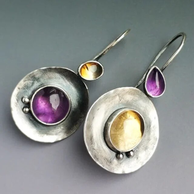 Vintage-Style Violet and Yellow Crystal Earrings