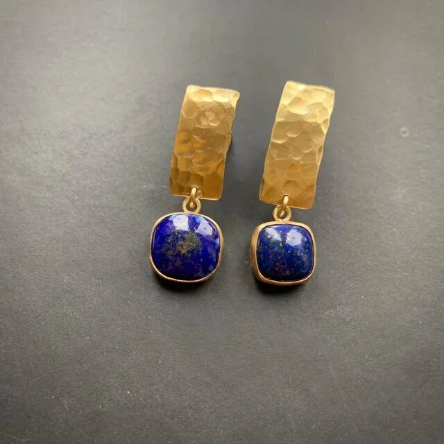 Vintage-Style Blue Stone Earrings with Gold-Tone Square Top