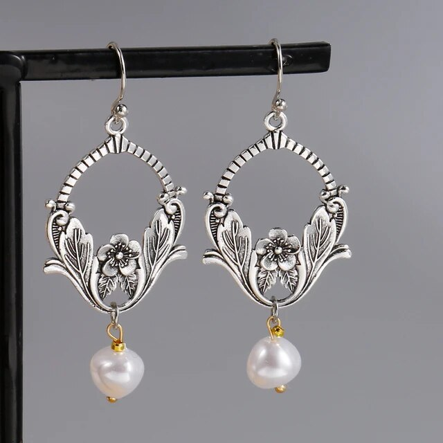 Vintage-Style Silver-Tone Filigree Crescent Pearl Drop Earrings