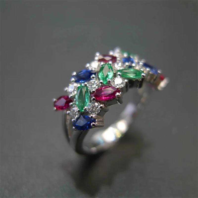 Silver-Tone Ring with Colourful Zirconia Flower Cluster