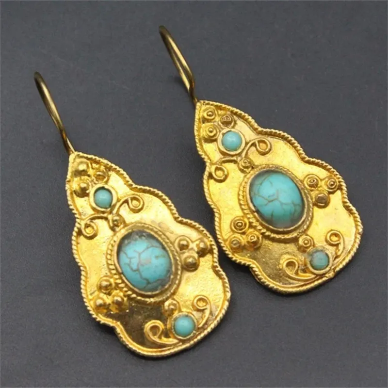 Vintage-Style Gold-Tone Inlaid Turquoise Stone Earrings