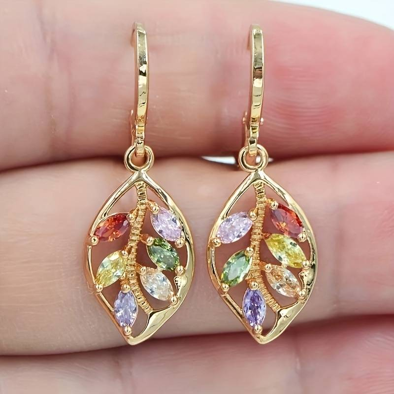 Vintage-Style Colourful Zirconia Gold-Tone Leaf Earrings