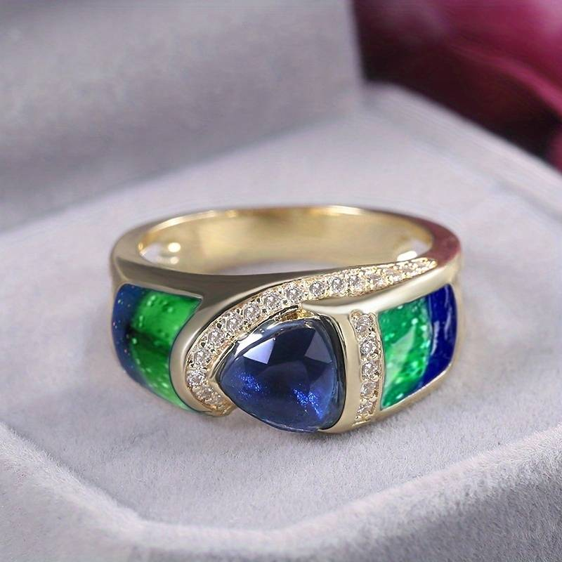 Vintage-Style Gold-Tone Zirconia Blue and Green Ring