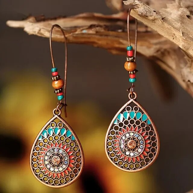 Vintage-Style Colourful Mandala Bronze-Tone Earrings