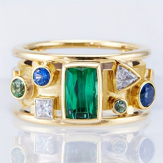 Vintage-Style Colourful Inlaid Zirconia Gold-Tone Ring
