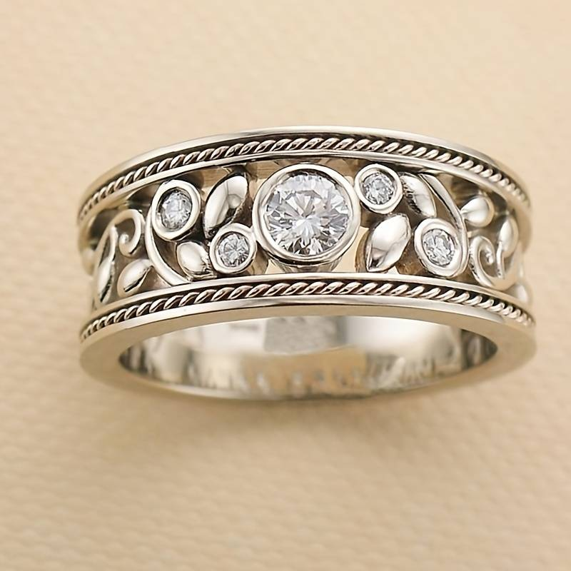 Vintage-Style Silver-Tone and Zirconia Ring