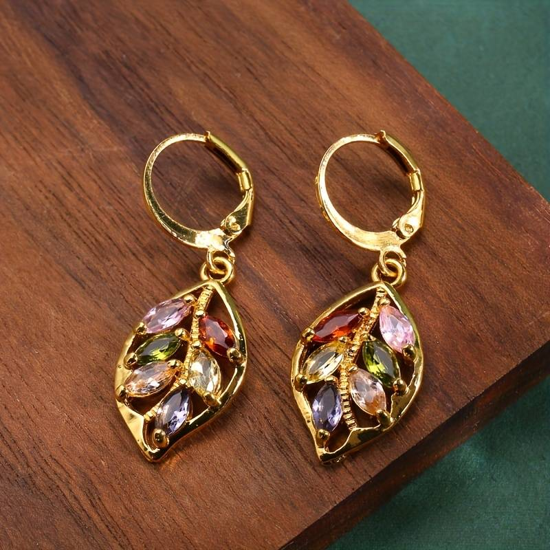 Vintage-Style Gold-Tone Leaf Earrings with Colourful Zirconia