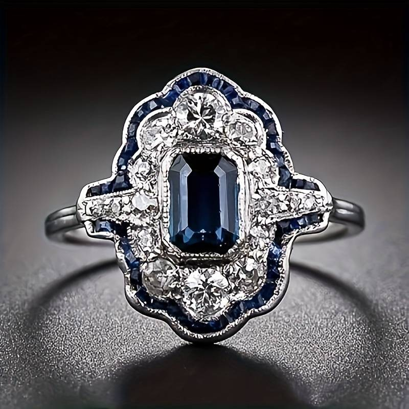 Vintage-Style Blue Crystal Silver-Tone Ring