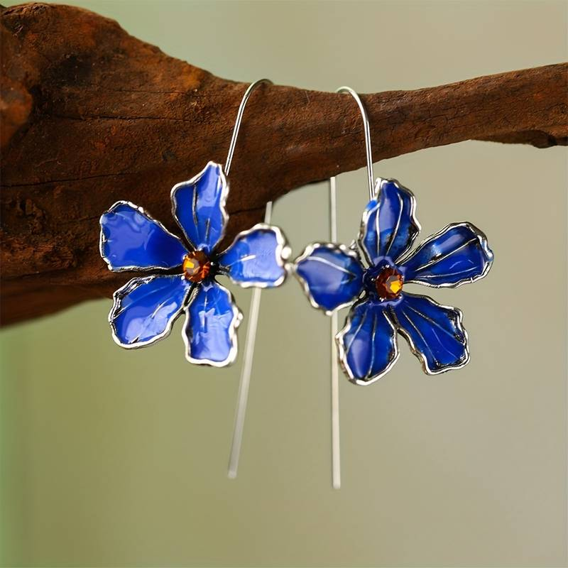 Vintage-Style Blue Enamel Flower Drop Earrings