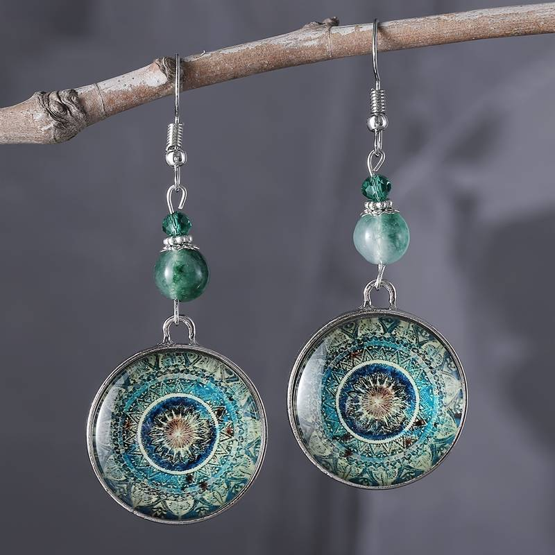 Blauwe afgeronde mandala-oorhangers in vintagestijl