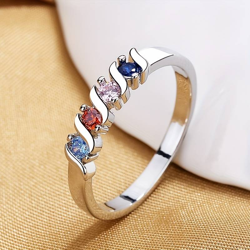 Vintage-Style Colourful Inlaid Zirconia Silver-Tone Ring