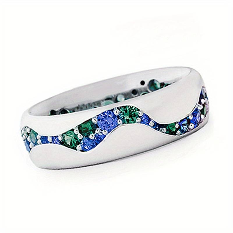 Vintage-Style Blue and Green Inlaid Zirconia Silver-Tone Ring