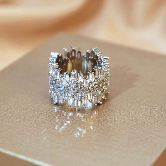 Wide Silver-Tone Cuff Ring with Crystal Cluster Band