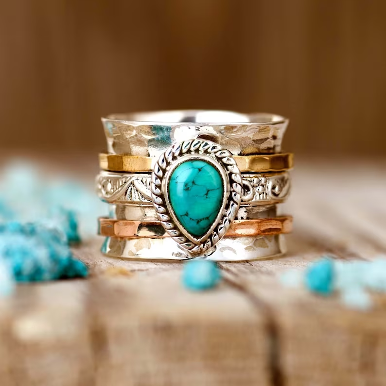 Vintage-Style Turquoise Inlaid Stone Two-Tone Ring
