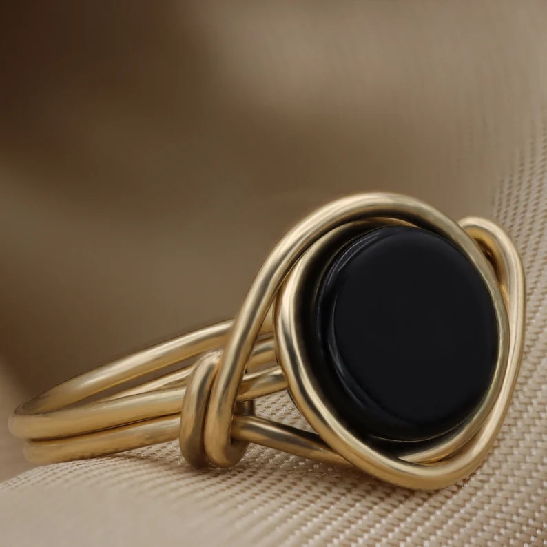 Gold-Tone Wrap Ring with Round Black Stone