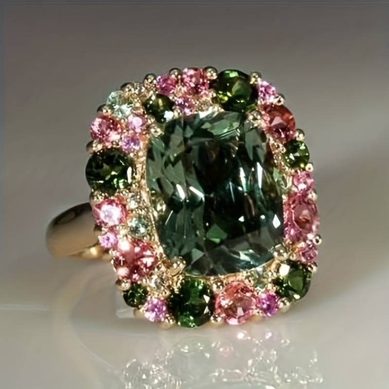 Vintage-Style Green and Pink Crystal Ring
