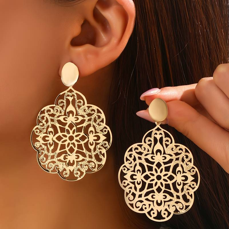 Vintage-Style Gold-Tone Filigree Mandala Drop Earrings
