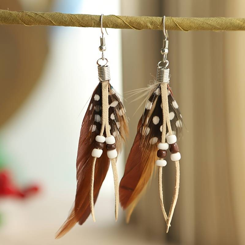 Vintage-Style Brown Feather Earrings