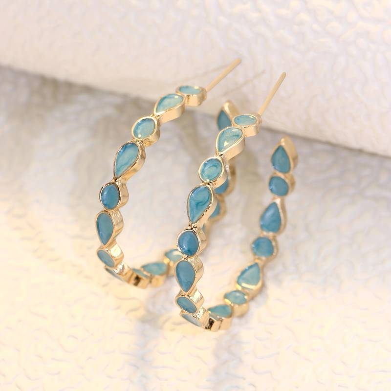 Vintage-Style Blue Stones Hoop Earrings