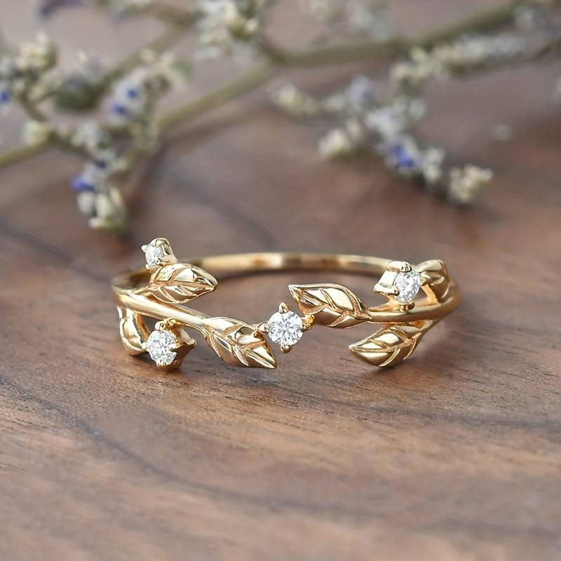 Vintage-Style Gold-Tone and Zirconia Leaf Ring
