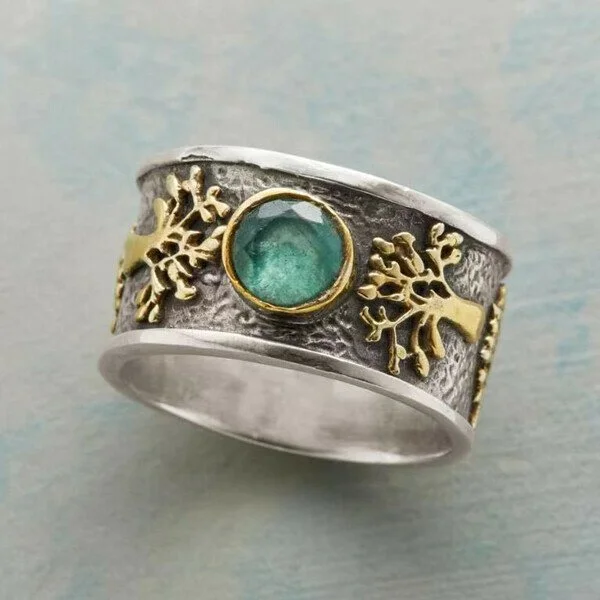 Two-Tone Ring with Turquoise-Look Stones and Gold-Tone Flowers