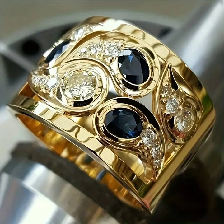 Engraved Gold-Tone Statement Band with Oval Black Stones