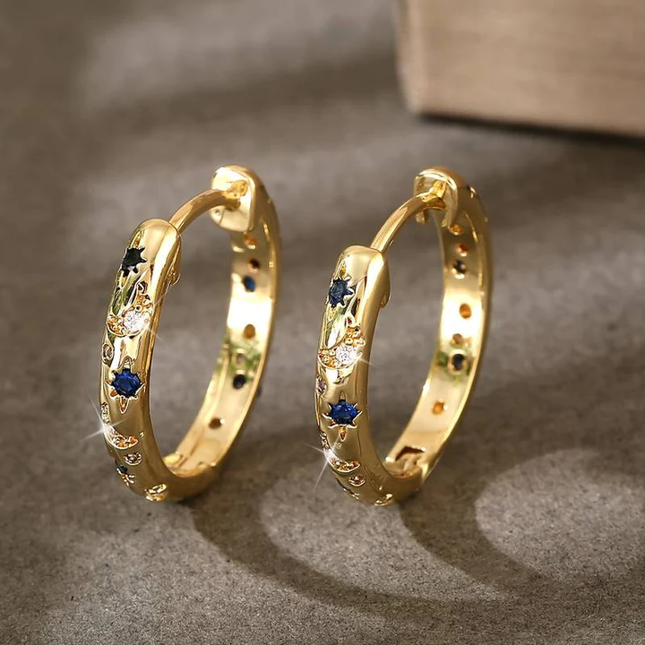 Vintage-Style Blue Zirconia Studded Gold-Tone Hoop Earrings