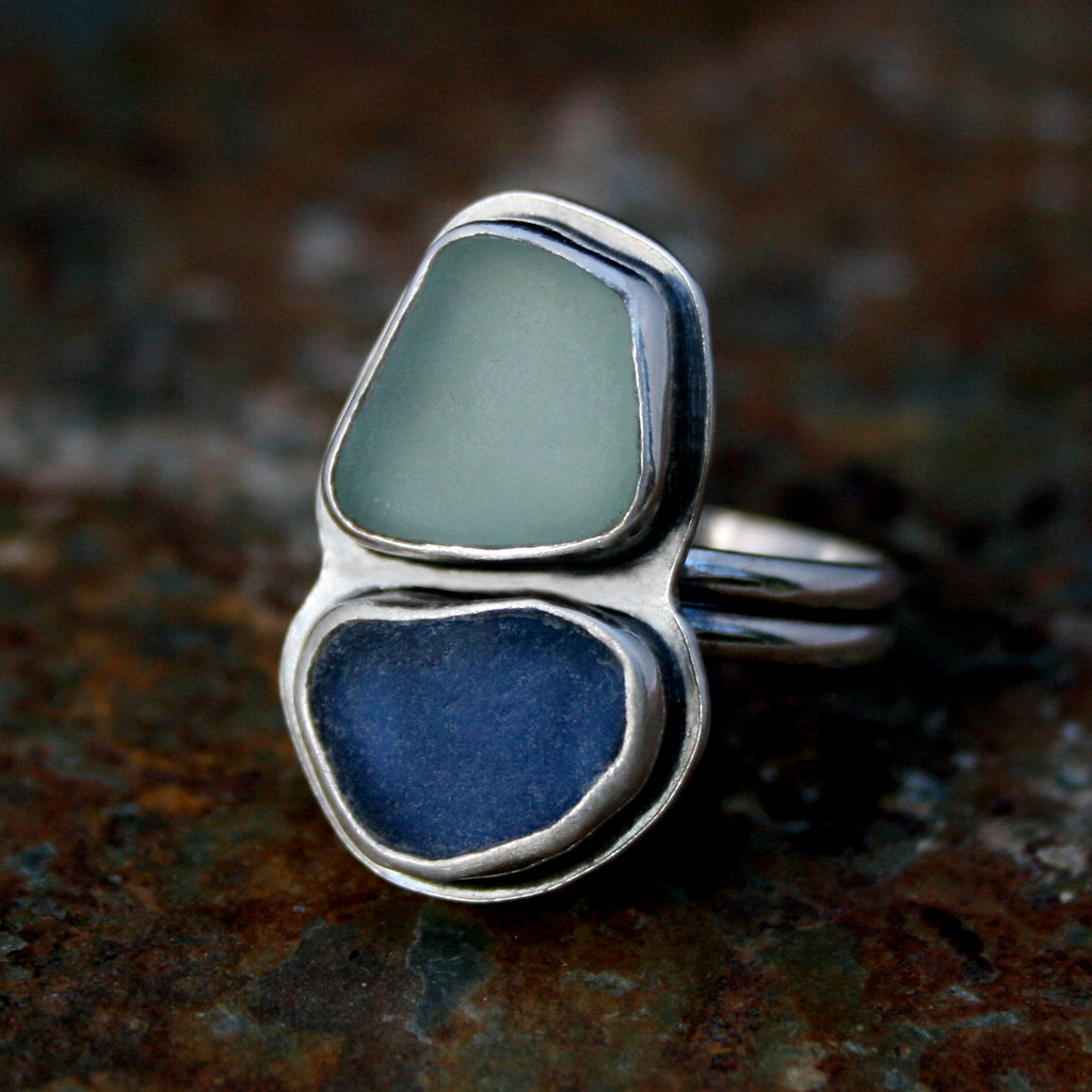 Silver-Tone Ring with Blue Sea Glass-Look Stones