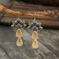 Vintage-Style Blue Lotus Earrings with Gold-Tone Drops
