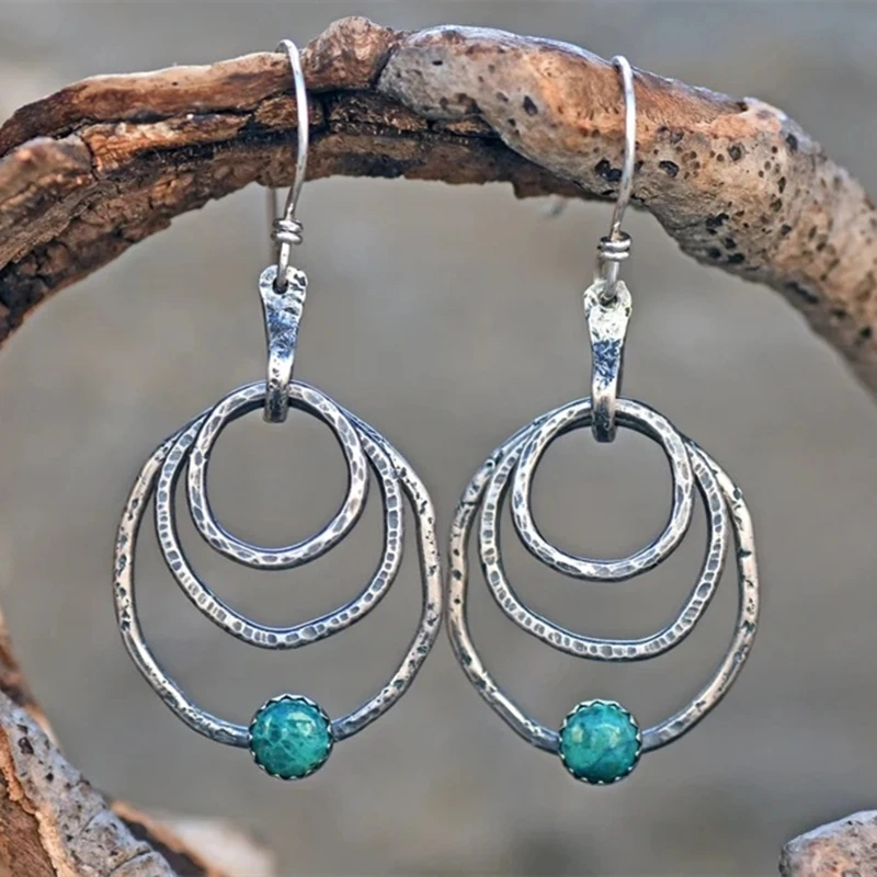 Vintage-Style Turquoise Triple Hoop Silver-Tone Earrings