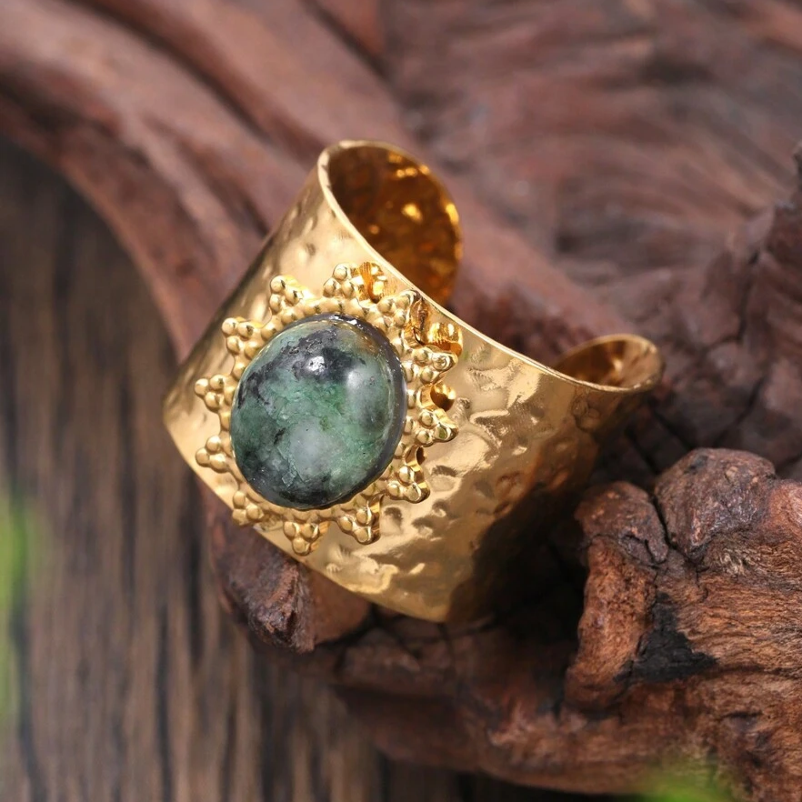 Hammered Gold-Tone Ring with Oval Green Stone
