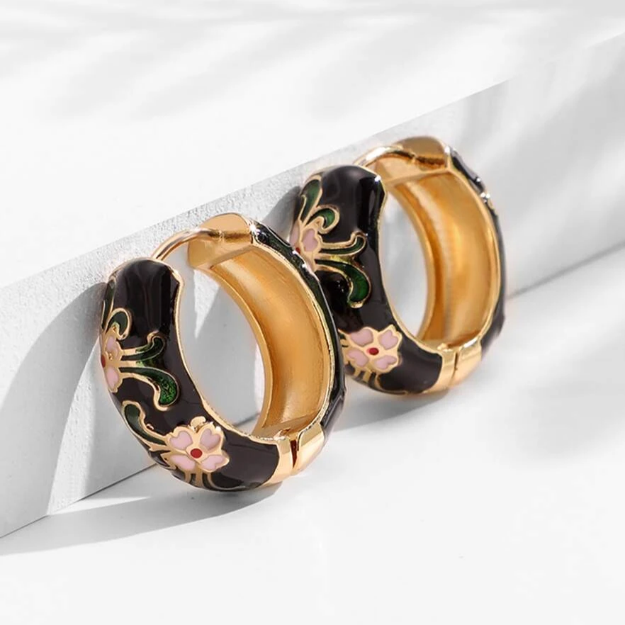 Vintage-Style Black Enamel Hoop Earrings