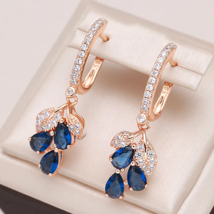Blue Crystal Leaf Cluster Drop Earrings
