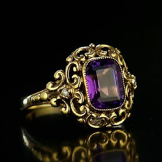 Emerald-Cut Purple Zirconia Ring with Ornate Gold-Tone Frame